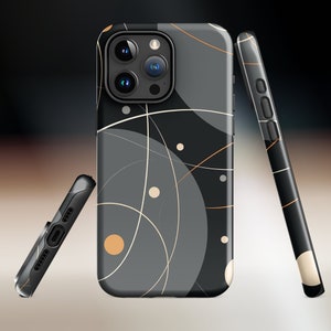 Abstract Geometrisch iPhone-hoesje - Slagvast, robuust telefoonhoesje met lineair rondingenontwerp in glanzend grijs, zwart en geel