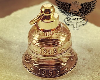 1937-1970 Bronze (gold) coin Bell pendant/charm Motorcycle Gremlin Good Luck Half Penny Great Britain UK Angel Lucky Biker Jewelry