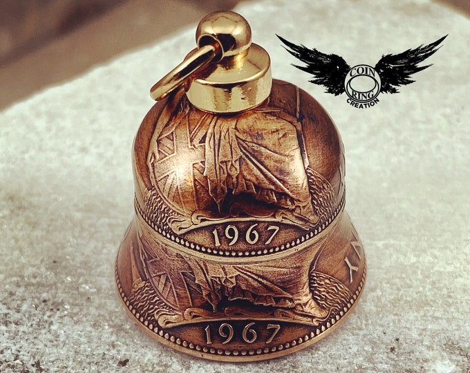 1895-1967 Bronze (gold color) coin Bell pendant/charm Motorcycle Gremlin Good Luck 1 Penny Great Britain UK lucky Biker Jewlery