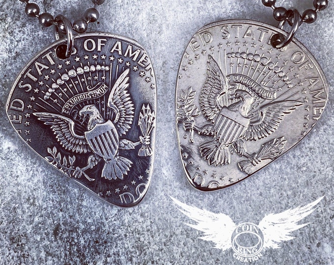 Guitar pick pendant made from Kennedy half dollar silver coin, pick silver content desired 0, 40, or 90% silver Jewlery