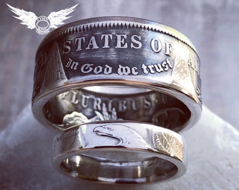 1878 to 1904, 1921 Silver Dollar coin ring set 90% Silver His & Hers sweetheart Wedding Band Morgan dollar Jewelry