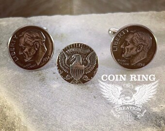 Silver Cuff Links & Tie Tack 90% silver made from the center of a Kennedy Half Dollar US coin Suit Wedding Cufflink clip gift Jewlery