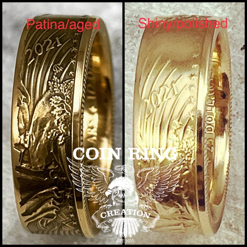 2021 1/2 ounce $25 Gold Eagle coin ring patina on left polished on right