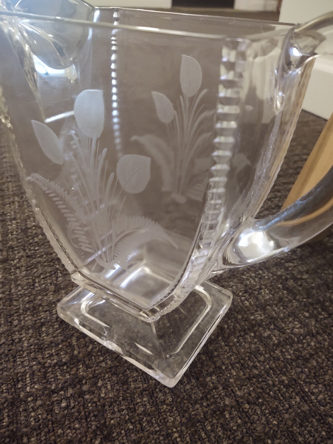 EAPG Riverside Glass Jersey Lilly, Etched, 48 OZ Pitcher Late 19th