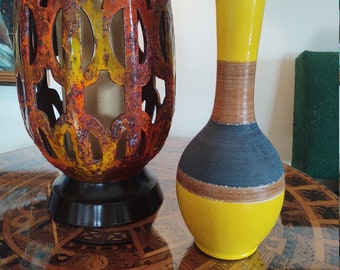 Vintage Yellow, Matte Black and Brown 14 1/2" Vase, Unsigned