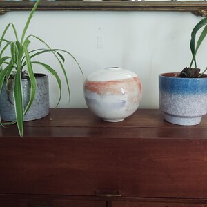 Può includere: Tre vasi in ceramica con diversi design. Il vaso a sinistra è grigio con una pianta con foglie verdi. Il vaso al centro è bianco con un design marrone chiaro e blu. Il vaso a destra è blu con un design bianco e grigio.