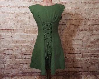 Green linen dress, short sleeveless summer dress, green linen dress, medieval, role play, SCA, festival, hippie, elf, ranger, larp