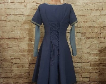 Leinen Kleid und Überkleid blau und indigo mit geraden Ärmeln und Schnürung, Kleid Mittelalter zweiteilig, Kleid Leinen, SCA, Fantasy, Larp