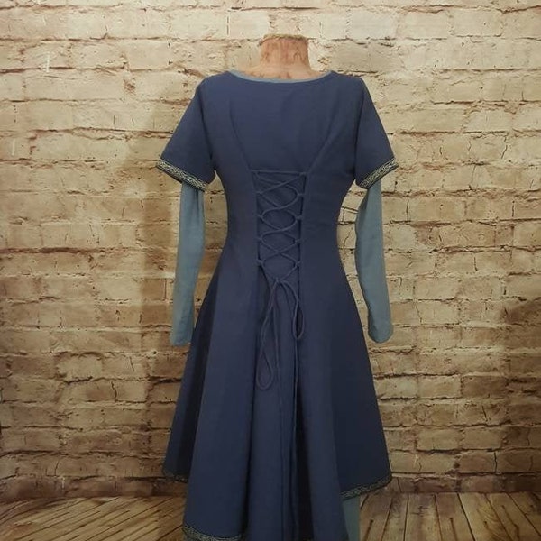 Leinen Kleid und Überkleid blau und indigo mit geraden Ärmeln und Schnürung, Kleid Mittelalter zweiteilig, Kleid Leinen, SCA, Fantasy, Larp