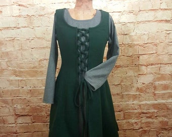 green vest made of wool fabric, medieval vest, wool overdress, green overdress with lacing