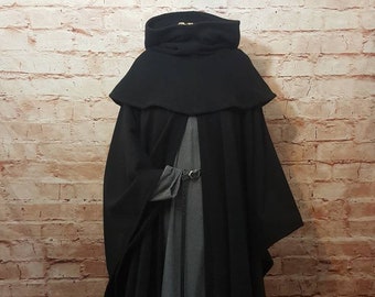 Cloak and hood black hood short wool fabric, cloak medieval, cloak viking, cloak fantasy, cloak larp, SCA, ranger