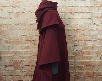 Cape and cowl burgundy red made of wool fabric hood short, medieval cape, Viking cape, fantasy cape, Larp cape, SCA, ranger