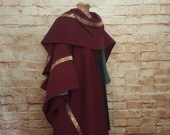 Cloak dark red with border without hood, medieval cloak, Celtic cloak made of wool