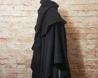Cape and cowl black hood long wool fabric, cape medieval, cape Viking, cape fantasy, cape Larp, SCA, ranger