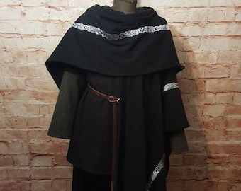 Black cloak with trim, without hood, medieval cloak, Celtic cloak made of wool
