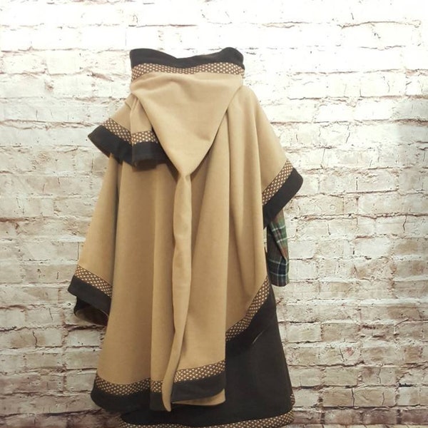 Cape camel brown with border and long pointed hood, cape medieval wool brown, fantasy, larp, role play, Viking, SCA, Victorian