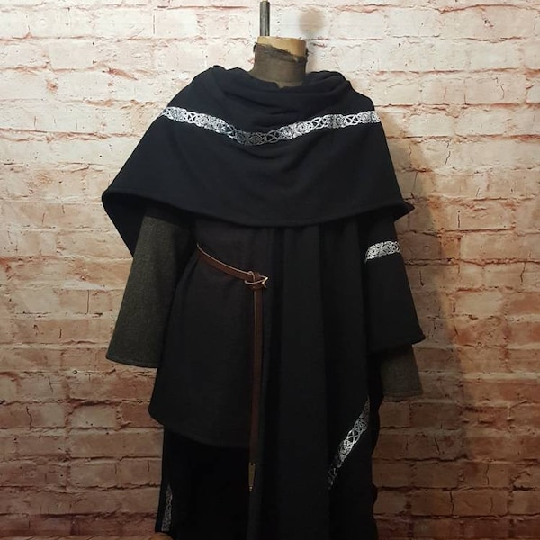 Manteau noir avec bordure sans capuche, manteau médiéval, manteau celtique en laine