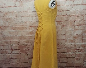 Yellow linen dress, short summer dress with lacing, short dress, medieval dress, role play, festival, hippie, boho, larp, SCA