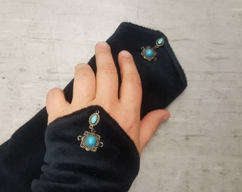 Cuffs made of black velvet with old gold-colored decorative element with blue glass stone, black velvet cuffs, warm elegant cuffs, gothic cuffs