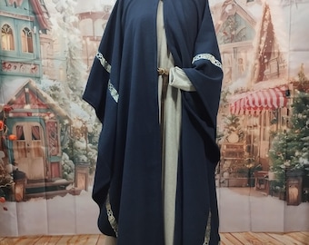 Dark blue cloak with trim, no hood, medieval cloak, Celtic cloak made of wool