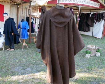 Tweed cape brown-black with short round hood, medieval cape, Viking cape, fantasy cape, LARP, SCA, ranger