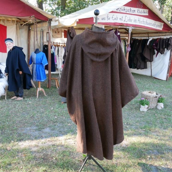 Tweed cape brown-black with short round hood, medieval cape, Viking cape, fantasy cape, LARP, SCA, ranger