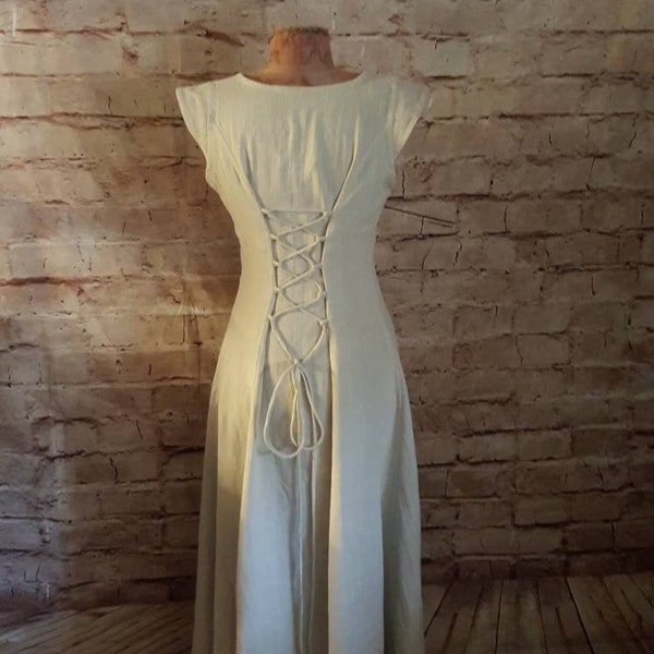 long dress made of natural linen, linen dress summer natural, medieval dress linen, linen dress festival, hippie, boho, larp, SCA, medieval