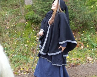 Medieval cloak, Celtic, black cape, fantasy, larp, Viking, SCA, wool coat, role play, riding coat, ranger, pointed hood