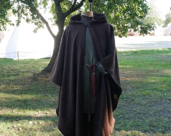 Tweed cape brown-black with long hood, medieval cape, Viking cape, fantasy cape, Larp cape, SCA cape, ranger