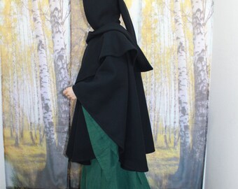 Cape black hood long, Viking, cloak medieval, fantasy, LARP, cape black, SCA, coat, riding coat, role play, ranger