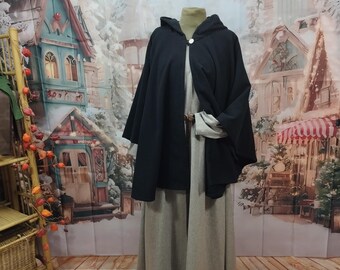 Cape black hood long, Viking, cloak medieval, fantasy, LARP, cape black, SCA, coat, riding coat, role play, ranger