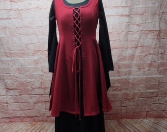 red vest made of wool fabric, medieval vest, wool overdress, green overdress with lacing