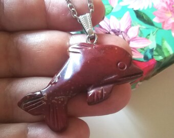 Red Jasper Dolphin Necklace, Natural Gemstone Pendant Necklace, Sterling Silver Necklace January Birthstone Gift, Handcarved Dolphin Pendant