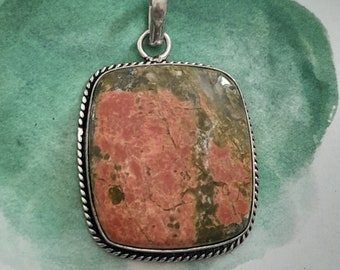 Large Unakite Natural Rectangular Pendant, 925 Silver Unakite Pendant XXL Geometric Pendant Gift for her 925 Silver Jewelry Unakite Jewelry