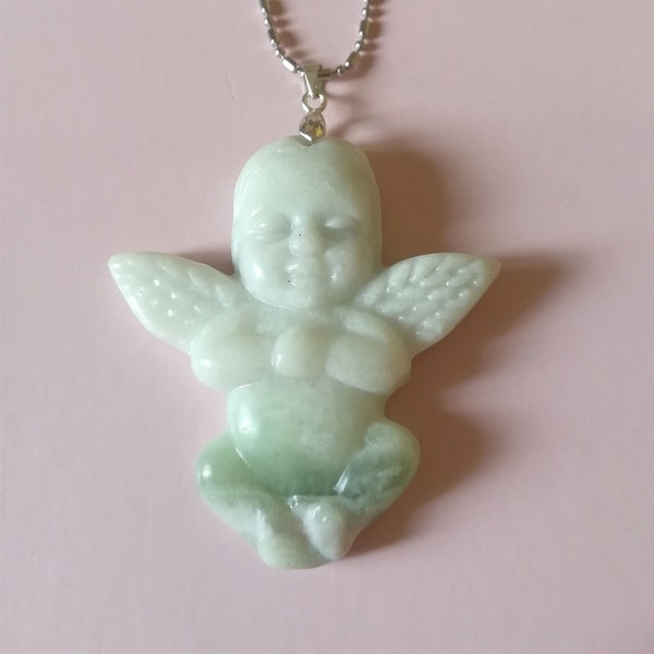 Grand collier en Jade blanc/vert, pendentif ange cupidon, véritable Jade naturel sculpté à la main, bijoux en argent 925, cadeau romantique