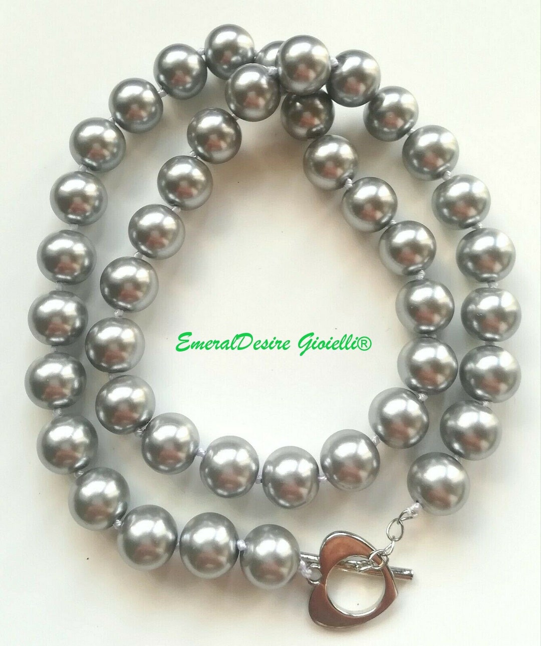 Collana Di Grandi Perle Argentate 10mm Con Cuore D
