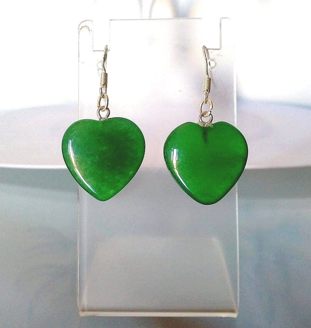 Orecchini Di Giada Verde a Cuore, Orecchini in Argento 925, Orecchini Di Giada Verde Naturale, Regalo Pendenti a Cuore in Pietra Di Nascita