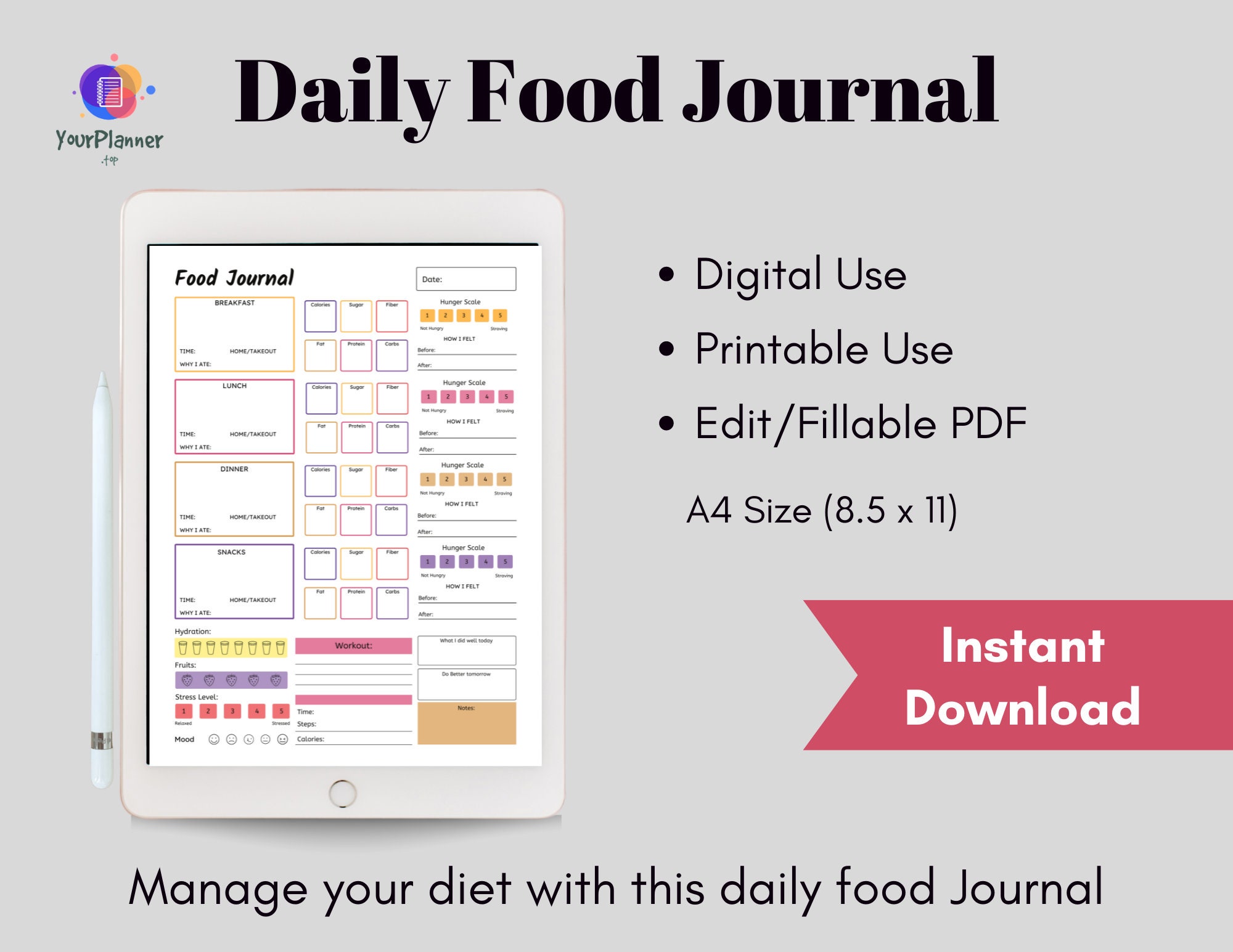Food Journal, Daily Food Journal, Meal Planner Printable, Food Diary ...