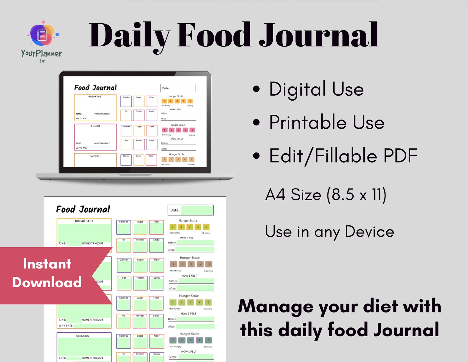 Food Journal, Daily Food Journal, Meal Planner Printable, Food Diary ...