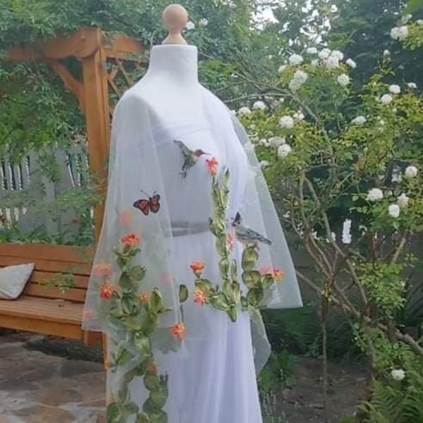 Embroidered bridal cape bridal cover up, embroidered cape veil, wedding dress sleeves, custom veil, secret garden wedding