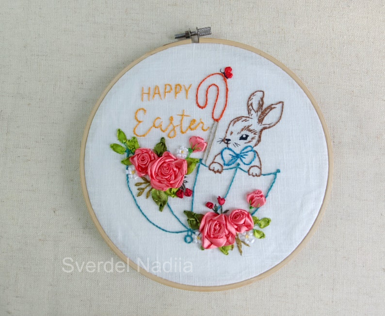 Easter Bunny Wall Decor Linen Embroidery Hoop Size 8 Inches Etsy