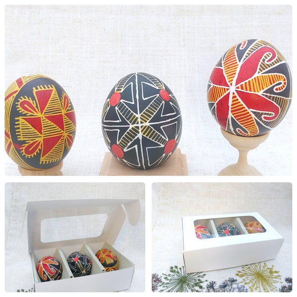 Pysanka A charm of marital happiness Set of 3 Easter eggs  Ukraine hand painted with hot wax natural empty chicken egg