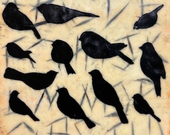 Encaustic Alpha Birds a Series, Hot Wax painting, Black Birds, Abstract, Collage, Letters, Custom Sizes, Custom Art, BeesWax