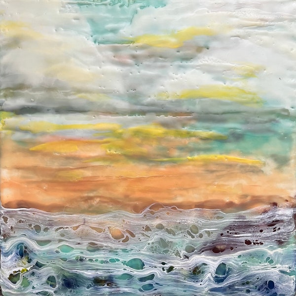 Original SUNSET Encaustic painting 12" Square, Custom works Available, Hot Wax, Bees Wax, Small & Large, Sky, Clouds, Shellac Burn, Art