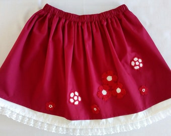 Red Carnation - Girls Skirt Red White Lace Flowers Dark Red Skirt Two Layers Skirt