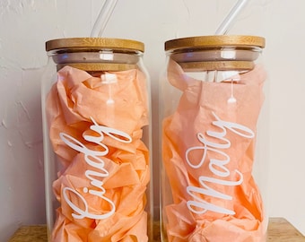Personalized Glass cup with bamboo lid & straw, 20oz Beer Can Glass, Custom Glass, Iced Coffee Cup, Personalized iced coffee cup, bridesmaid