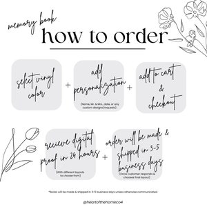 May include: How to order a memory book.  Select vinyl color, add personalization, add to cart and checkout. Receive a digital proof in 24 hours. Order will be made and shipped in 3-5 business days.  @heartofthehomeco4