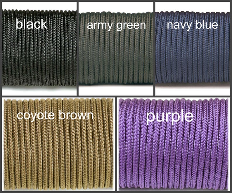 May include: Close-up of six spools of paracord in different colors: black, army green, navy blue, coyote brown, purple. The spools are arranged in two rows of three.