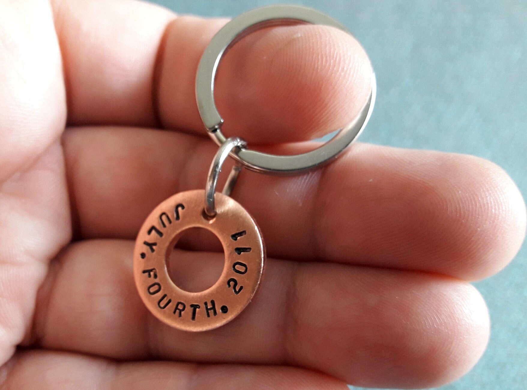 Personalized Washer Keychain Double Sided Keychain Custom Date Etsy