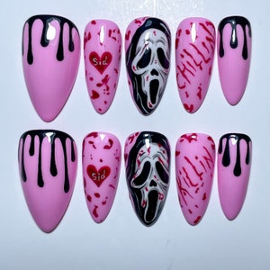 Pink Scream Ghostface Press On Nails// Valentines Day nails, Valentines gift, Gift for her, Horror nails, Scream, Horror Bride, Luxury nails